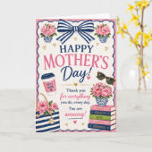 Mother’s Day Card – Cute Pink & Blue Bow Design カード (黄色い花)