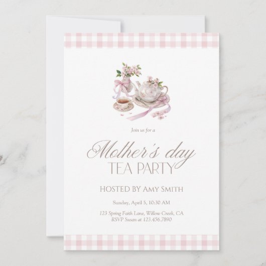Mother’s Day Tea Party Pink Gingham 招待状 (正面)