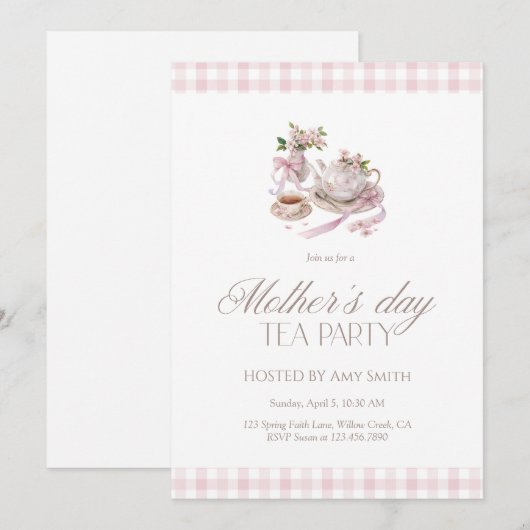 Mother’s Day Tea Party Pink Gingham 招待状 (正面/裏面)