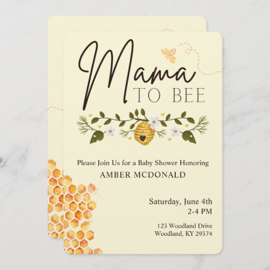 Mother to Bee - Beeをテーマにしたベビーシャワー招待状 招待状 (正面/裏面)