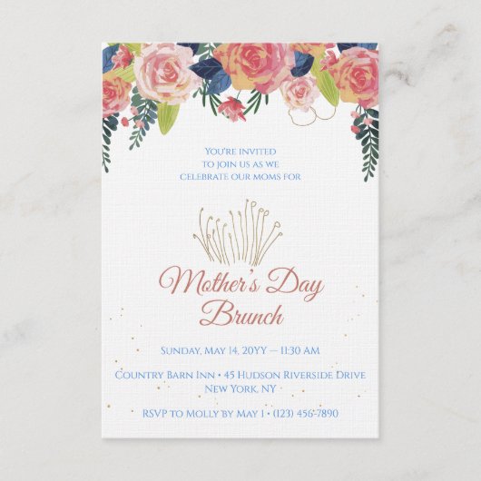 Mother's Day Brunch Floral Navy Blue & Rose Gold 招待状 (正面)