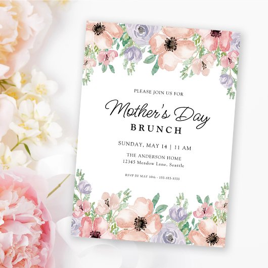 Mother's Day Brunch Pastel Watercolor Floral  招待状