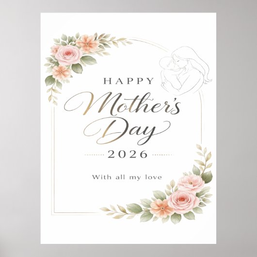 Mother's Day Card — Floral Frame "Happy Mother's D ポスター (正面)