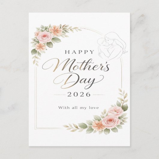 Mother's Day Card — Floral Frame "Happy Mother's D ポストカード (正面)