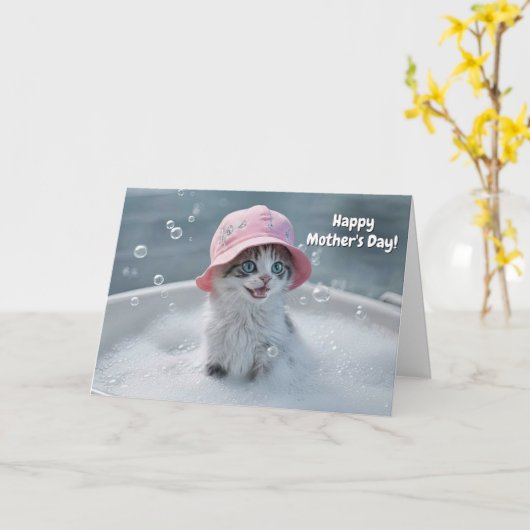 Mothers Day Cute and Fun Cat Bubble Bath カード (黄色い花)
