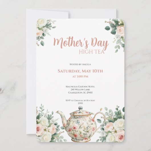 Mother's Day High Tea Invitation Floral Tea Party 招待状 (正面)