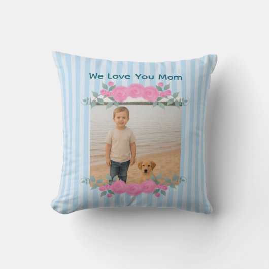 Mother's Day Mom Photo Throw Pillow Roses Blue クッション (正面)