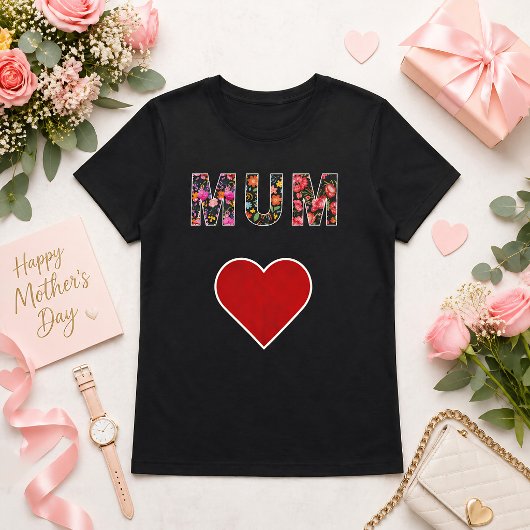 Mothers Day Stylish Modern Floral Mum Heart Tシャツ