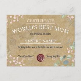Mother's Day World's Best Mom Certificate 案内ポストカード
