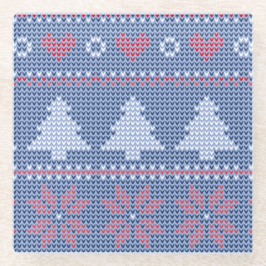 Motif de tricot de Noël Bleu ガラスコースター (正面)