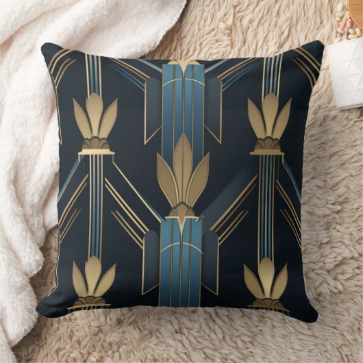 Motifs Art Déco Bleus et Dorés クッション (ブランケット)