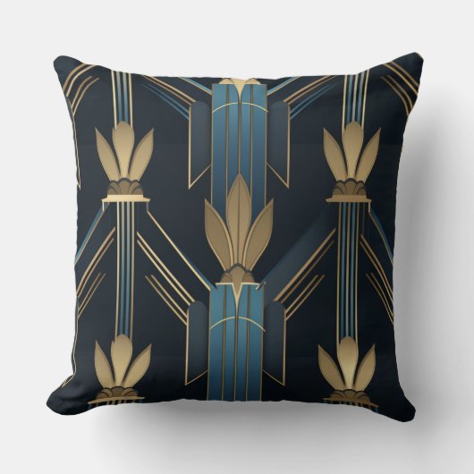 Motifs Art Déco Bleus et Dorés クッション (正面)