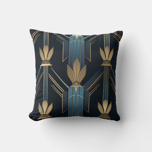 Motifs Art Déco Bleus et Dorés クッション (正面)
