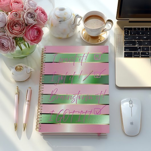 Motivational Luxe Pink and Green Striped ノートブック