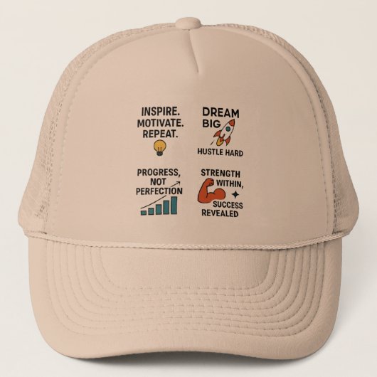 Motivational Quote Cap – Hustle Hard, Dream Big, I キャップ (正面)