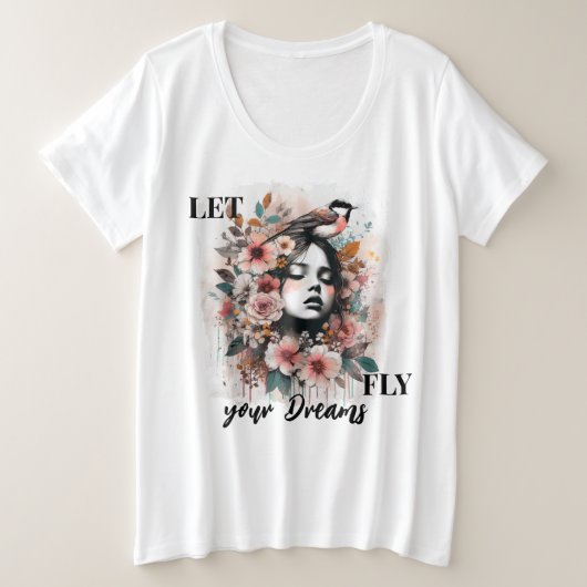 Motivational Woman with Flowers and Bird Design プラスサイズTシャツ (デザイン正面)