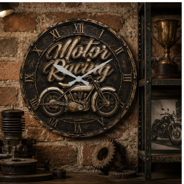 Motor Racing Vintage Motorcycle Garage Decor Retro ラージ壁時計