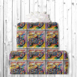 Motorcycleの絵画ハッピーバースデーの名前の追加 ラッピングペーパー