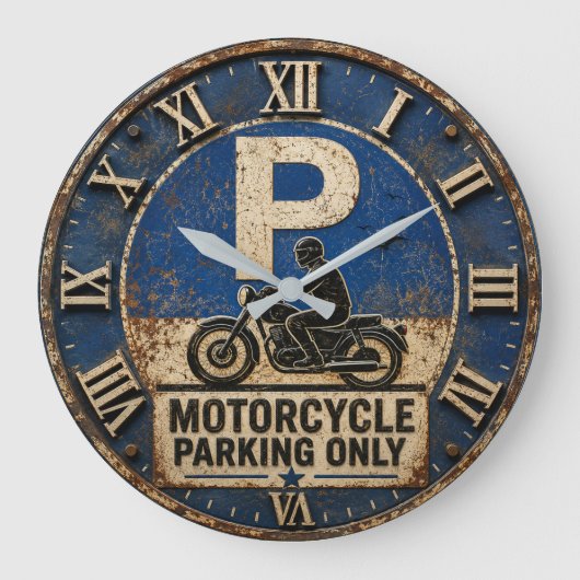 Motorcycle Biker Garage Decor Rustic Man Cave Wall ラージ壁時計 (正面)