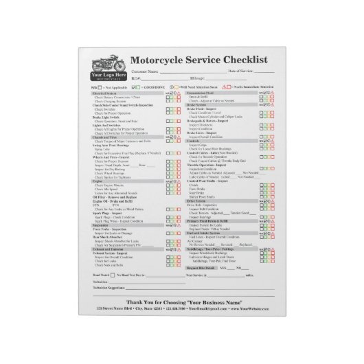 Motorcycle Service Checklist 8.5x11 ノートパッド (回転)