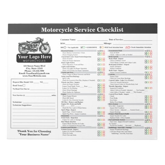 Motorcycle Service Checklist 8.5x11 Landscape ノートパッド (正面)