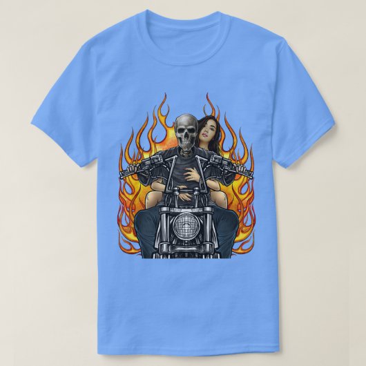 Motorcycle Skeleton Biker Babe Flames Badass Biker Tシャツ (デザイン正面)