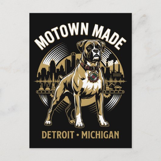 Motown Made Detroit Boxer Dog Labor & Music Pride  ポストカード (正面)