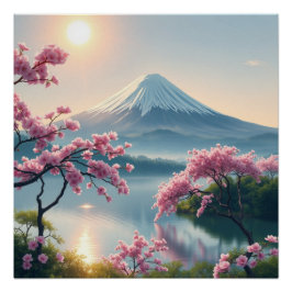 mount fuji and cherry blossoms ポスター