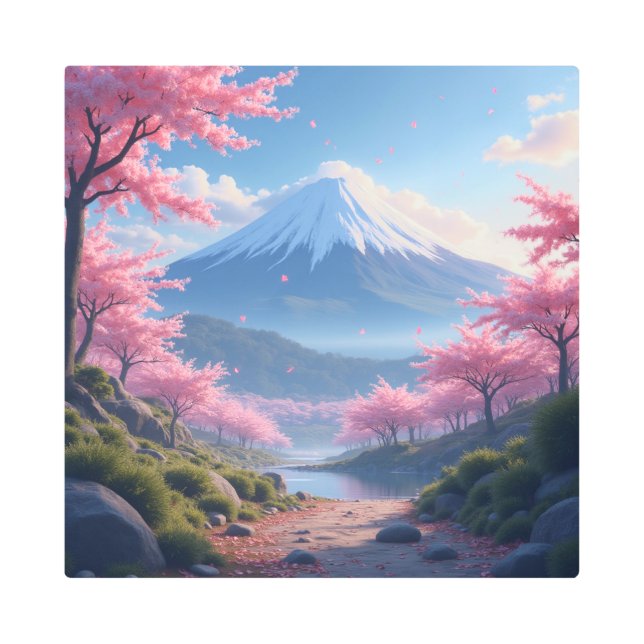 mount fuji and cherry blossoms メタルプリント (正面)