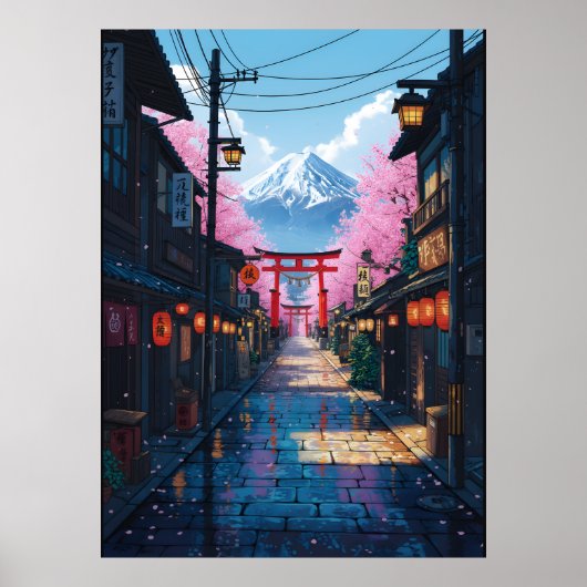Mount Fuji Cherry Blossom Street Japanese Torii ポスター (正面)