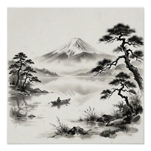 Mount Fuji Japan Ink Wash Landscape ポスター (正面)