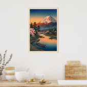 Mount Fuji Sunset Print - Dusky Sky, Mirror-Like ポスター (キッチン)