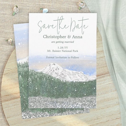Mount Rainier, Falling Snow Wedding Save the Date アドバイスカード