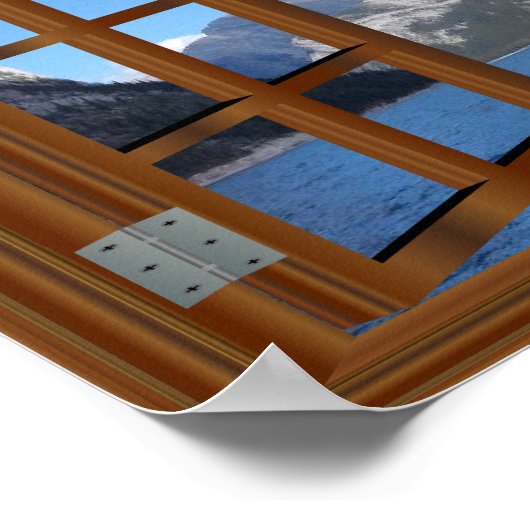 mountain平和な湖のフェイクな擬似窓の眺め ポスター (角)