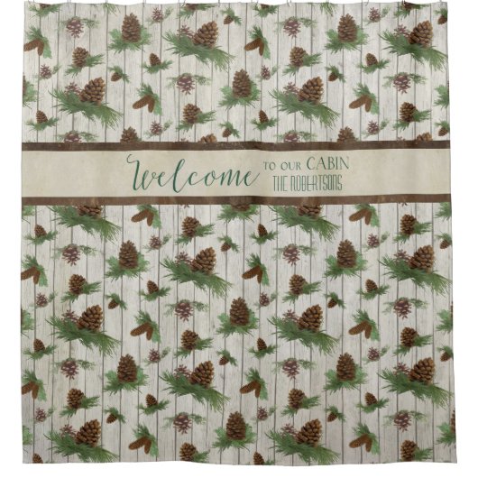 mountain湖のパーソナライズな素朴な小屋の家の装飾 シャワーカーテン (正面)