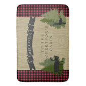 mountain湖の素朴な小屋のシカのアメリカヘラジカの喜ばしい徴候 バスマット (正面縦)