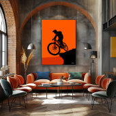 Mountain Biker Poster – Black Silhouette on Orange ポスター