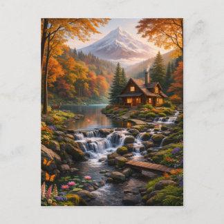 Mountain Cabin in Autumn Glow Serene Nature  インビテーションポストカード