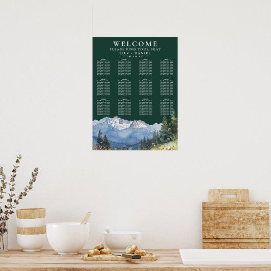Mountain Floral Emerald Wedding Seating Chart ポスター (キッチン)