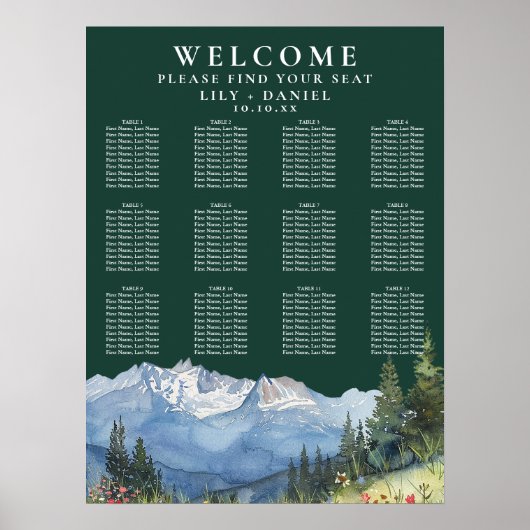 Mountain Floral Emerald Wedding Seating Chart ポスター (正面)