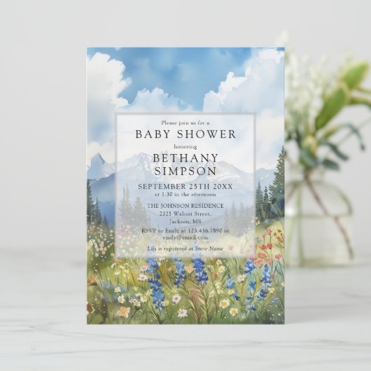 Mountain Floral Meadow Photo QR Code Baby Shower 招待状 (スタンド正面)