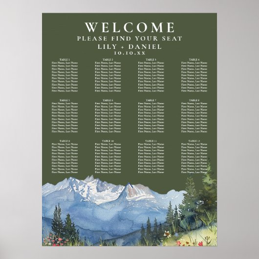 Mountain Floral Olive Green Wedding Seating Chart ポスター (正面)