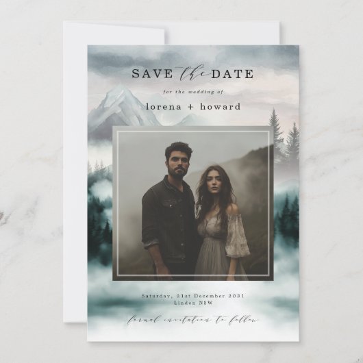 Mountain Fog Pine Forest Save the Date Photo 招待状 (正面)