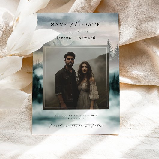 Mountain Fog Pine Forest Save the Date Photo 招待状
