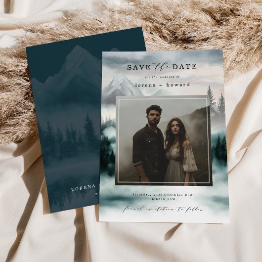 Mountain Fog Pine Forest Save the Date Photo 招待状