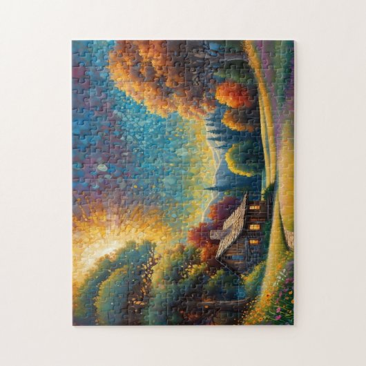 Mountain Forest Cabin Art ジグソーパズル (縦)
