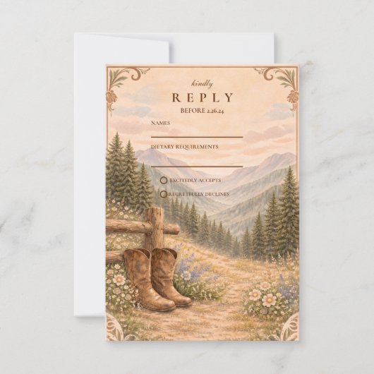 Mountain Forest Cowboy Boots Wedding 出欠カード (正面)