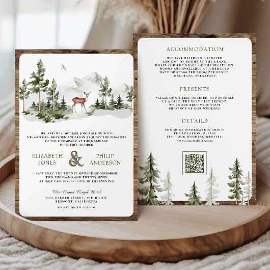 Mountain Forest Deer QR Code All in One Wedding 招待状