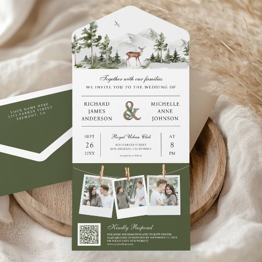 Mountain Forest Deer QR Code Photo Collage Wedding オールインワン招待状
