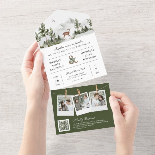 Mountain Forest Deer QR Code Photo Collage Wedding オールインワン招待状 (貼ってはがせる)